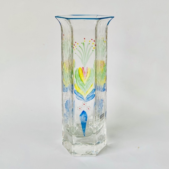 SEA Glasbruk Old Sweden Rune Strand 8" Hexagonal Glass Vase Painted Kurbits *VTG - Picture 4 of 9
